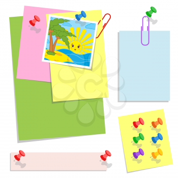 A set of colored sheets of different sizes and office pushpins and clips. Lovely cartoon style. Simple flat vector illustration isolated on white background.