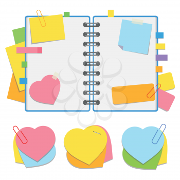 A colored open notepad on the spring with clean sheets and bookmarks between the pages. A set of sticky stickers in the form of hearts. Simple flat vector illustration isolated on white background.
