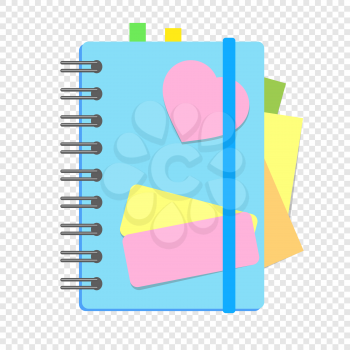 A colored closed notebook on a spring with bookmarks between pages. A simple flat vector illustration isolated on a transparent background.