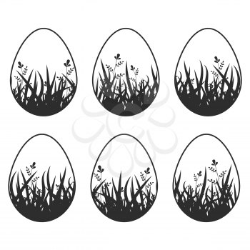 Set of black silhouettes isolated Easter eggs on a white background. With an abstract pattern. Simple flat vector illustration. Suitable for decoration of postcards, advertising, magazines, websites.