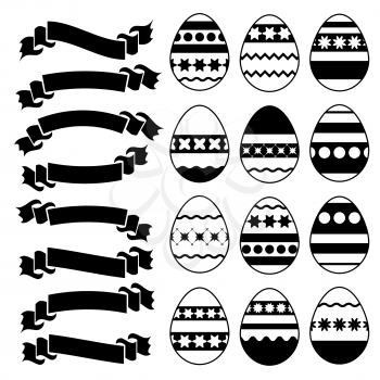 Set of silhouettes with black stroke isolated Easter eggs on a white background. Simple flat vector illustration. Suitable for decoration of postcards, advertising, magazines, websites.
