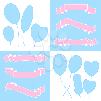 A set of ribbons of banners and balloons. With space for text. Simple flat vector illustration isolated on white and blue background. Suitable for infographics, design, advertising, holidays, labels.
