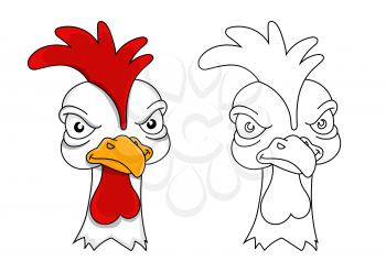 Angry rooster. Coloring book for kids. Displeased poultry. Team mascot. Cartoon style. Colored vector illustration.