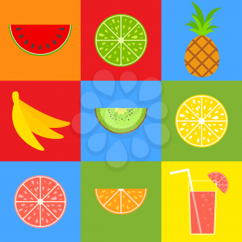 Set of colored isolated mouth-watering fruits. Bright tropical food. Lemon, grapefruit, orange, pineapple, kiwi, banana, watermelon. Cocktail with a straw. Simple flat vector illustration