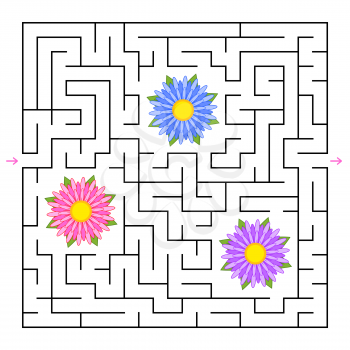 A square labyrinth. Collect all the flowers and find a way out of the maze. Simple flat isolated vector illustration
