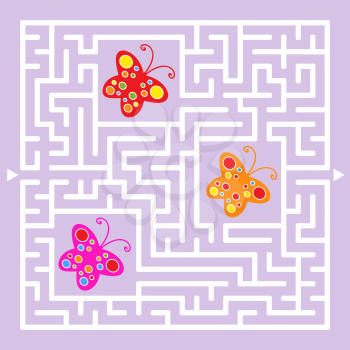 A square labyrinth. Collect all the butterflies and find a way out of the maze. Simple flat isolated vector illustration