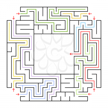 A square labyrinth. Choose the right path to get into the center of the maze. Simple flat vector isolated illustration. With a place for your drawings. With the answer
