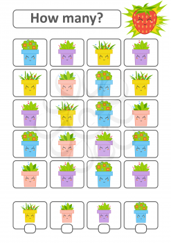 Counting game for preschool children for the development of mathematical abilities. How many flower pots. With a place for answers. Simple flat isolated vector illustration