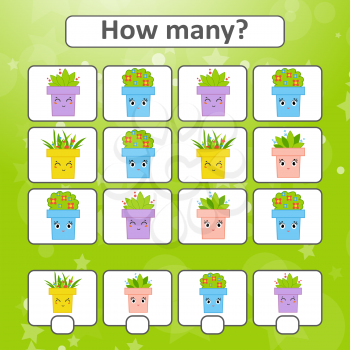 Game for preschool children. Count as many flower pots in the picture and write down the result. With a place for answers. Simple flat isolated vector illustration