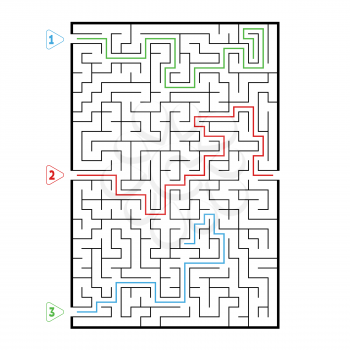 Abstract rectangular large maze. Game for kids. Puzzle for children. Three entrances, one exit. Labyrinth conundrum. Flat vector illustration isolated on white background. With answer.