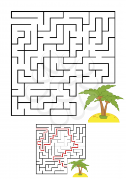 Abstract square maze. Game for kids. Puzzle for children. One entrances, one exit. Labyrinth conundrum. Vector illustration on white background with cartoon picture. With answer.
