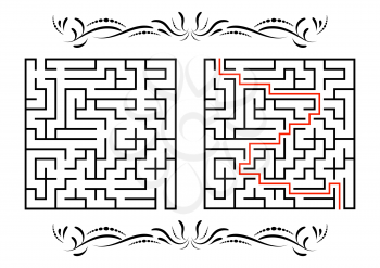 Abstract square maze. Game for kids. Puzzle for children. One entrance, one exit. Labyrinth conundrum. Flat vector illustration isolated on white background. With answer. With a vintage border