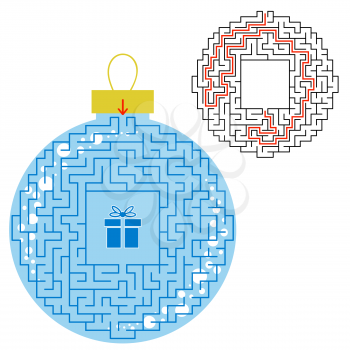 Maze Christmas toy. Game for kids. Puzzle for children. Find the path to the gift. Labyrinth conundrum. Flat vector illustration isolated on white background. With the answer