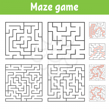 A set of square mazes of various levels of difficulty. Puzzle for children. One entrances, one exit. Labyrinth conundrum. Flat vector illustration isolated on white background. With answer