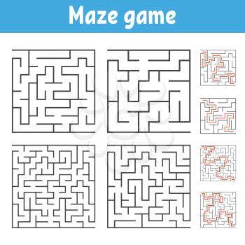 A set of square mazes of various levels of difficulty. Puzzle for children. One entrances, one exit. Labyrinth conundrum. Flat vector illustration isolated on white background. With answer