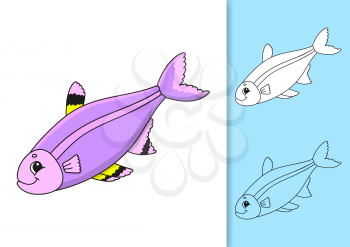 Aquatic fish. Set of vector illustrations isolated on white and colored background. Design element. Black stroke. Cartoon style.