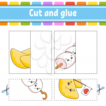 Cut and play. Paper game with glue. Flash cards. Education worksheet. Activity page. Funny character. Isolated vector illustration. Cartoon style.
