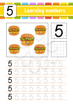 Number 5. Trace and write. Handwriting practice. Learning numbers for kids. Education developing worksheet. Activity page. Isolated vector illustration in cute cartoon style.