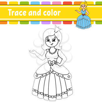 Trace and color. Coloring page for kids. Handwriting practice. Education developing worksheet. Activity page. Game for toddlers. Isolated vector illustration. Cartoon style. Fairytale theme.