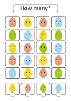 Counting game for preschool children for the development of mathematical abilities. How many eggs of different colors. With a place for answers. Simple flat isolated vector illustration