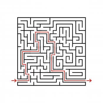 Black square maze with entrance and exit. A game for children and adults. Simple flat vector illustration isolated on white background. With the answer