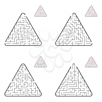 Abstract triangular labyrinth. Black color on a white background. A set of four options. An interesting game for children. Vector illustration