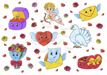 Set of cute cartoon characters. Valentine's Day clipart. Hand drawn. Colorful pack. Vector illustration. Patch badges collection. Label design elements. For daily planner, diary, organizer.