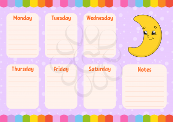 School schedule. Cute crescent. Timetable for schoolboys. Empty template. Weekly planer with notes. Isolated color vector illustration. Cartoon character.