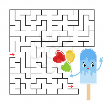 Abstract square maze with a cute color cartoon character. Funny ice cream. An interesting and useful game for children. Simple flat vector illustration isolated on white background