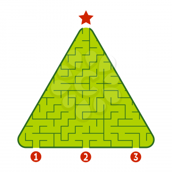 Abstract triangular labyrinth. Game for kids. Puzzle for children. Find the right path to the star. Labyrinth conundrum. Flat vector illustration isolated on white background. Christmas tree.