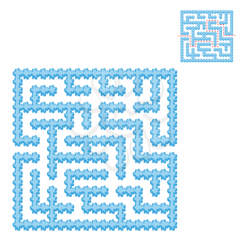 Icy blue square maze. Game for kids. Puzzle for children. Easy level of difficulty. Labyrinth conundrum. Flat vector illustration isolated on transparent background. With the answer