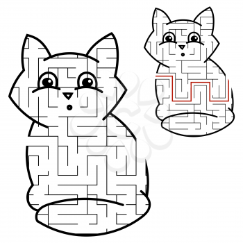 Maze cute kitty. Game for kids. Puzzle for children. Cartoon style. Labyrinth conundrum. Black white vector illustration. With the answer