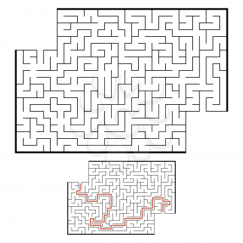 Abstract rectangular maze. Game for kids. Puzzle for children. One entrance, one exit. Labyrinth conundrum. Flat vector illustration. With answer. With place for your image