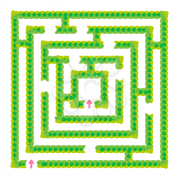 A simple green maze of leaves. Game for kids. Puzzle for children. One entrance, one exit. Labyrinth conundrum. Flat vector illustration isolated on white background