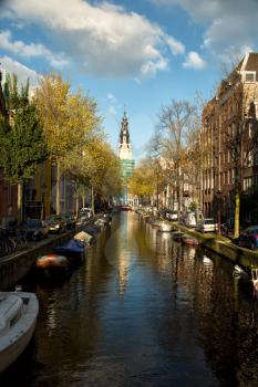 Church at the end of the canal in Amsterdam during Falls season