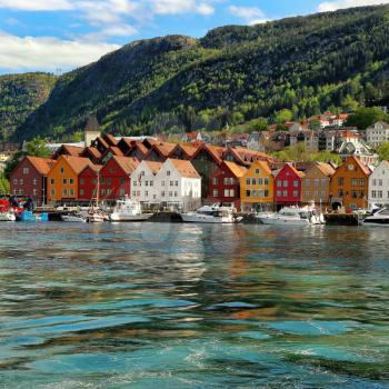 Scenic view of Bryggen on left side of Vagen harbour in Bergen, Norway
