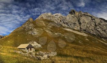 View of a little house at la tournette in the French Alpes 