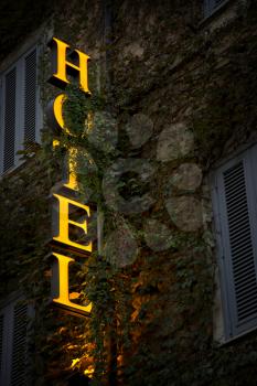 Yellow hotel neon sign in vine leaves