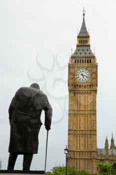 LONDON, UK - MAY 29, 2017: Statue of Winston Churchill, british politician and Prime Minister of the United Kingdom from 1940 to 1945 and from 1951 to 1955 with Big Ben in background in London, UK
