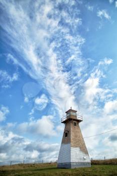 Old Cape Tryon lighthouse with a nice blue sky with clouds in Prince Edward island in Canada 