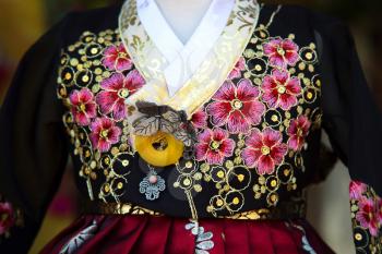 Detail of a hanbok, a traditional Korean dress for semi-formal or formal attire during traditional occasions such as festivals, celebrations, and ceremonies.