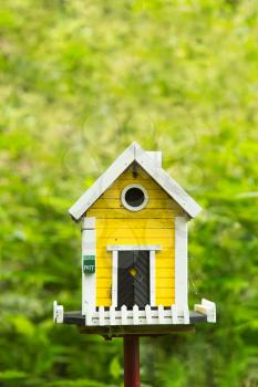 Little yellow birdhouse on stand in the middle of a garden