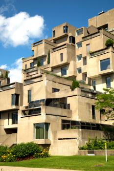 MONTREAL, CANADA - JULY 15, 2017:  Habitat 67 is a housing complex in Montreal of 354 identical, prefabricated concrete forms arranged in various combinations, reaching up to 12 stories in height