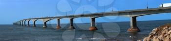 Panorama of the side view of the Confederation bridge in Prince Edward island in Canada