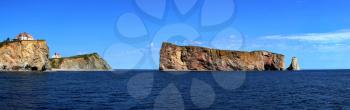 Panoramic of The Rocher Perce in Perce city, Gaspesie in Quebec province. 
