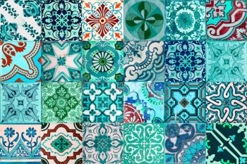 Photograph of traditional portuguese tiles in different kind of blue, green and turquoise