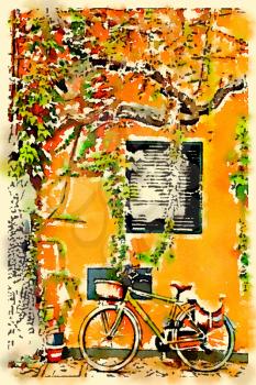 Digital watercolour of bicycle on a wall with a tree
