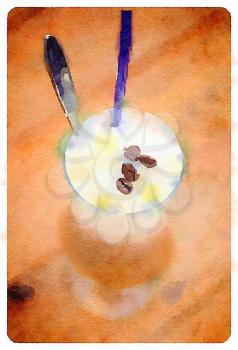 Digital watercolour of delicious coffee with whipped cream and coffee beans.  