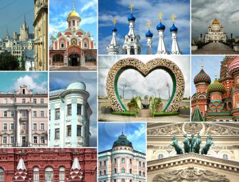 Collage of fabulous location in Moscow in Russia with church, architecture and colorful buildings