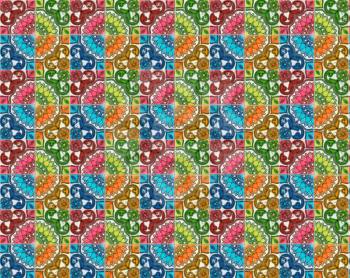 Photograph of traditional portuguese tiles in 4 different colours.  Red, orange, blue and green.